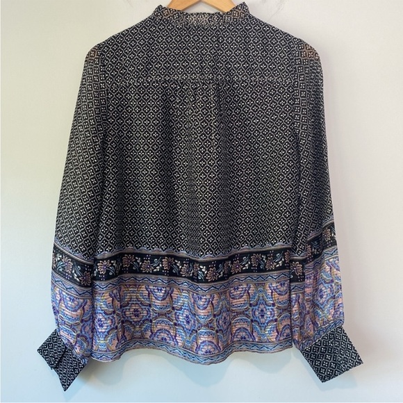 AQUA Multi Mixed Media Patterned Long Sleeves Tie Neck Button Top Medium - Picture 2 of 11